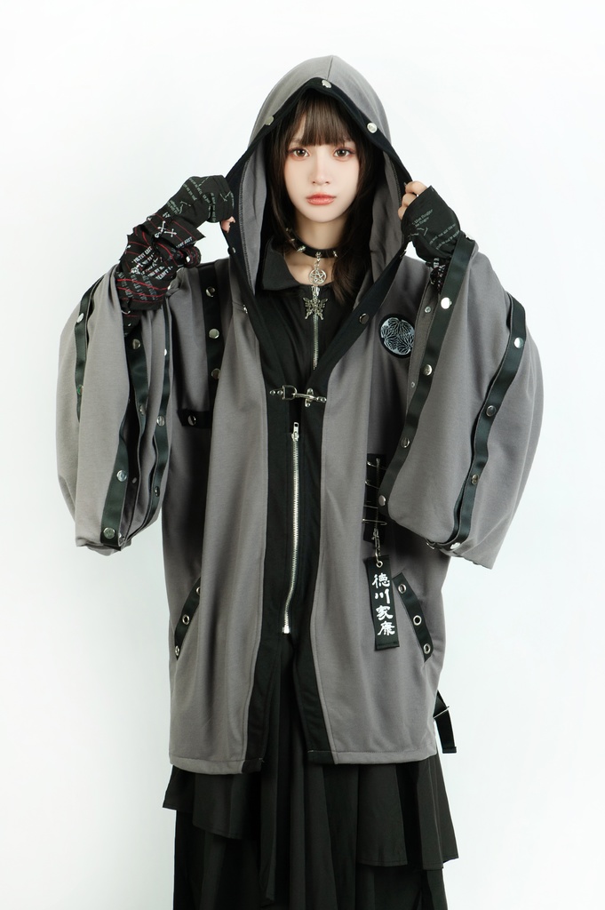Jillpunk 和風モード 和パンク 和柄 戦国武将物語 德川家康 征夷大将軍 武将譚 家紋刺繡 スダッズストラップ フード付き 振袖現代羽織 和装ジャケット オリジナル メンズ レディー V系 カッコいい おしゃれ 男女兼用ファッション