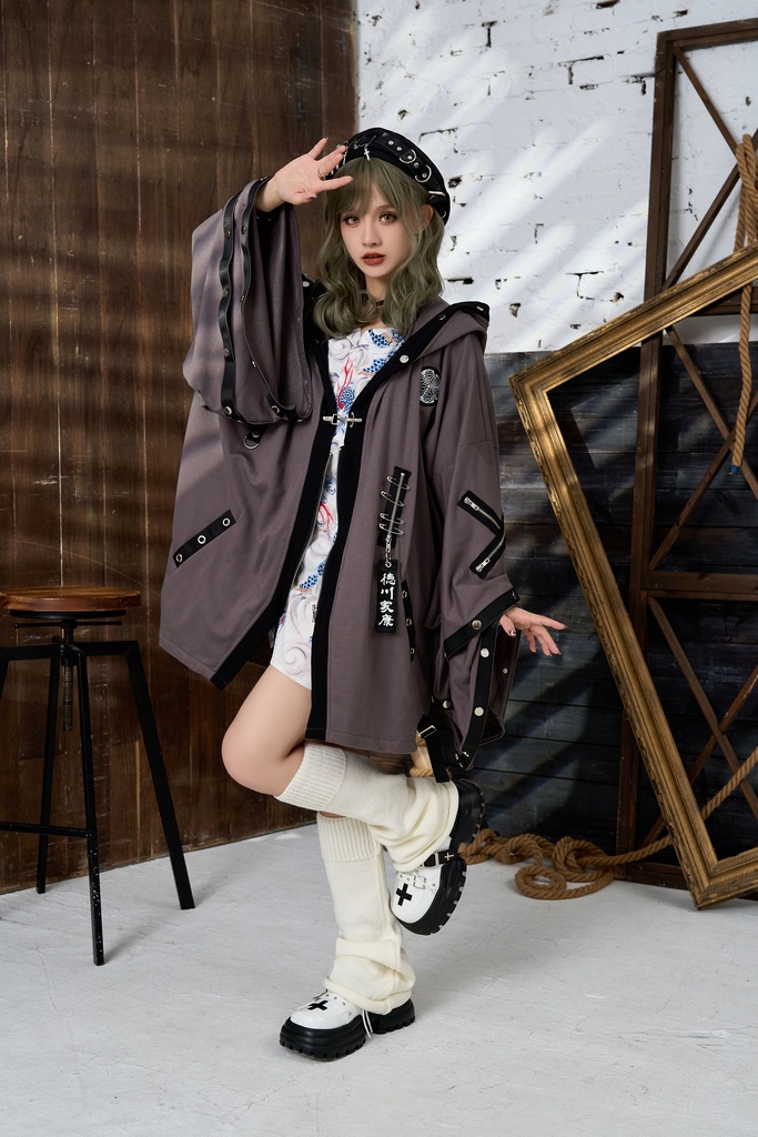 Jillpunk 和風モード 和パンク 和柄 戦国武将物語 德川家康 征夷大将軍 武将譚 家紋刺繡 スダッズストラップ フード付き 振袖現代羽織 和装ジャケット オリジナル メンズ レディー V系 カッコいい おしゃれ 男女兼用ファッション