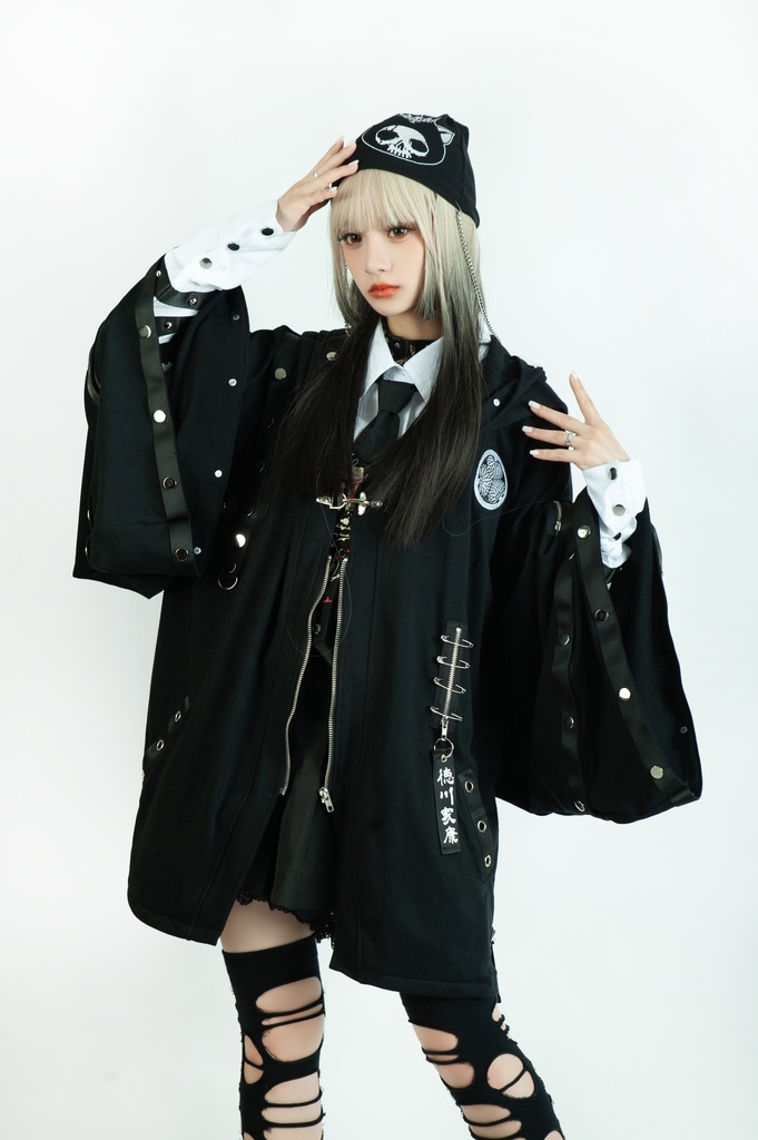 Jillpunk 和風モード 和パンク 和柄 戦国武将物語 德川家康 征夷大将軍 武将譚 家紋刺繡 スダッズストラップ フード付き 振袖現代羽織 和装ジャケット オリジナル メンズ レディー V系 カッコいい おしゃれ 男女兼用ファッション