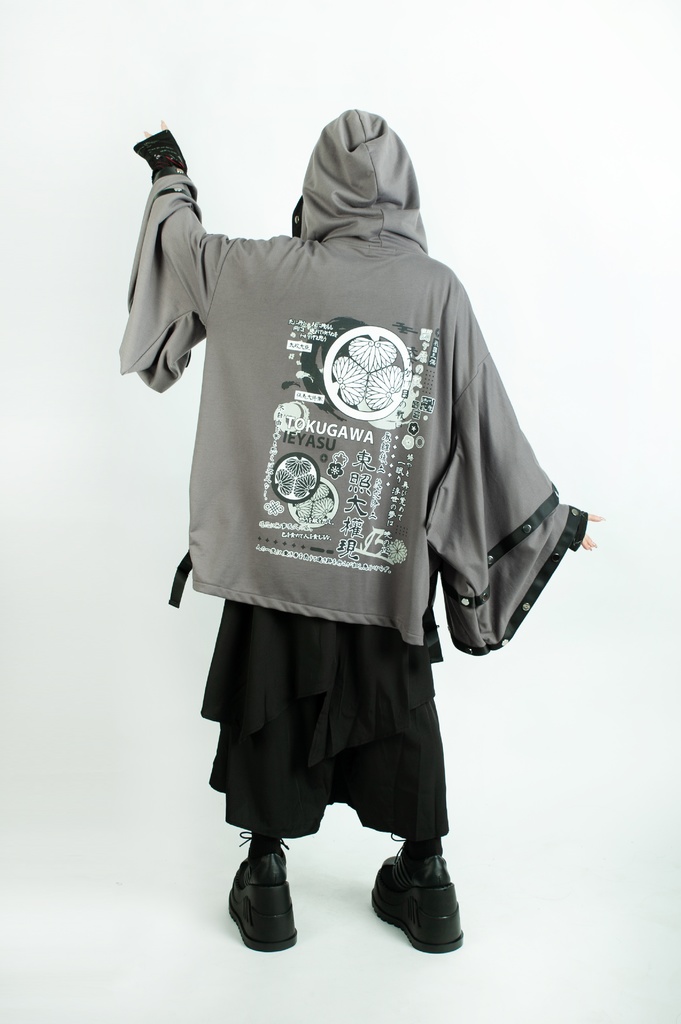 Jillpunk 和風モード 和パンク 和柄 戦国武将物語 德川家康 征夷大将軍 武将譚 家紋刺繡 スダッズストラップ フード付き 振袖現代羽織 和装ジャケット オリジナル メンズ レディー V系 カッコいい おしゃれ 男女兼用ファッション