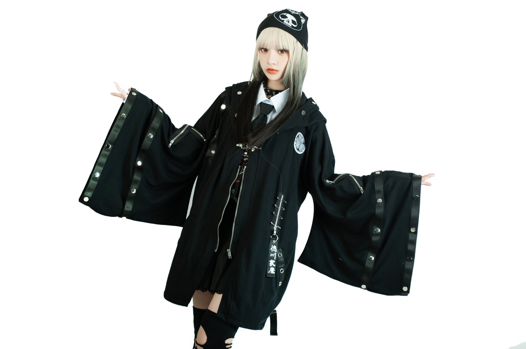 Jillpunk 和風モード 和パンク 和柄 戦国武将物語 德川家康 征夷大将軍 武将譚 家紋刺繡 スダッズストラップ フード付き 振袖現代羽織 和装ジャケット オリジナル メンズ レディー V系 カッコいい おしゃれ 男女兼用ファッション