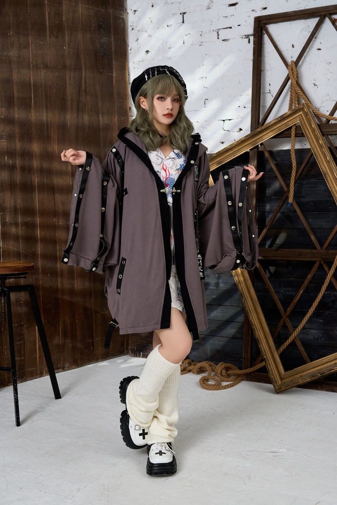 Jillpunk 和風モード 和パンク 和柄 戦国武将物語 德川家康 征夷大将軍 武将譚 家紋刺繡 スダッズストラップ フード付き 振袖現代羽織 和装ジャケット オリジナル メンズ レディー V系 カッコいい おしゃれ 男女兼用ファッション