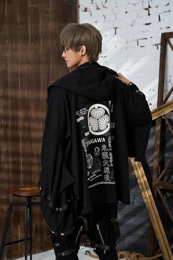 Jillpunk 和風モード 和パンク 和柄 戦国武将物語 德川家康 征夷大将軍 武将譚 家紋刺繡 スダッズストラップ フード付き 振袖現代羽織 和装ジャケット オリジナル メンズ レディー V系 カッコいい おしゃれ 男女兼用ファッション