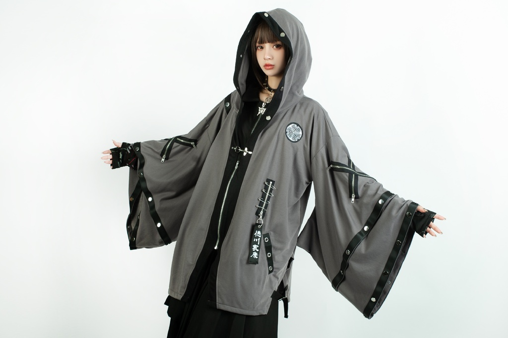 Jillpunk 和風モード 和パンク 和柄 戦国武将物語 德川家康 征夷大将軍 武将譚 家紋刺繡 スダッズストラップ フード付き 振袖現代羽織 和装ジャケット オリジナル メンズ レディー V系 カッコいい おしゃれ 男女兼用ファッション