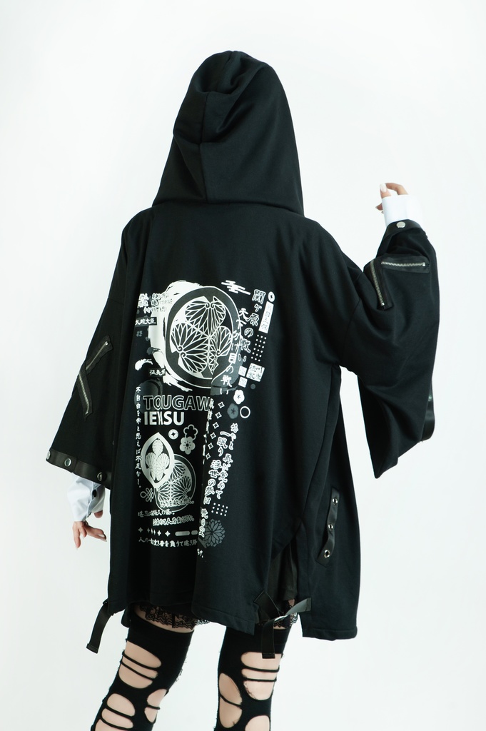 Jillpunk 和風モード 和パンク 和柄 戦国武将物語 德川家康 征夷大将軍 武将譚 家紋刺繡 スダッズストラップ フード付き 振袖現代羽織 和装ジャケット オリジナル メンズ レディー V系 カッコいい おしゃれ 男女兼用ファッション