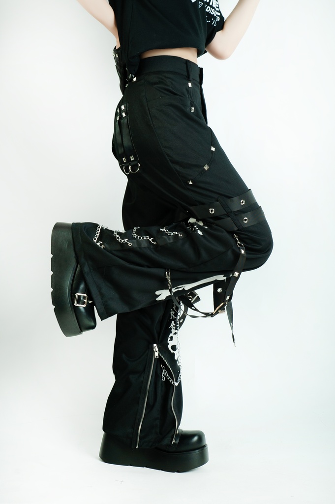 Jillpunkパンク 骨塚 ダーク系 エモパンク バンギャ タータンチェック ハーネスストラップ 鎖チェーン付き ボンデージ・ボンデッジパンツ ロング丈 オリジナルスタイル メンズお兄系 レディーズ V系 おしゃれ男女兼用カッコいい