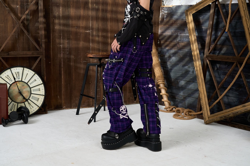 Jillpunkパンク 骨塚 ダーク系 エモパンク バンギャ タータンチェック ハーネスストラップ 鎖チェーン付き ボンデージ・ボンデッジパンツ ロング丈 オリジナルスタイル メンズお兄系 レディーズ V系 おしゃれ男女兼用カッコいい