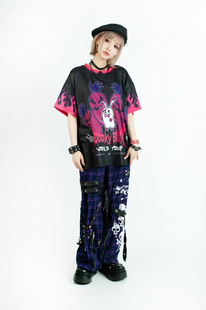 Jillpunkパンク 骨塚 ダーク系 エモパンク バンギャ タータンチェック ハーネスストラップ 鎖チェーン付き ボンデージ・ボンデッジパンツ ロング丈 オリジナルスタイル メンズお兄系 レディーズ V系 おしゃれ男女兼用カッコいい