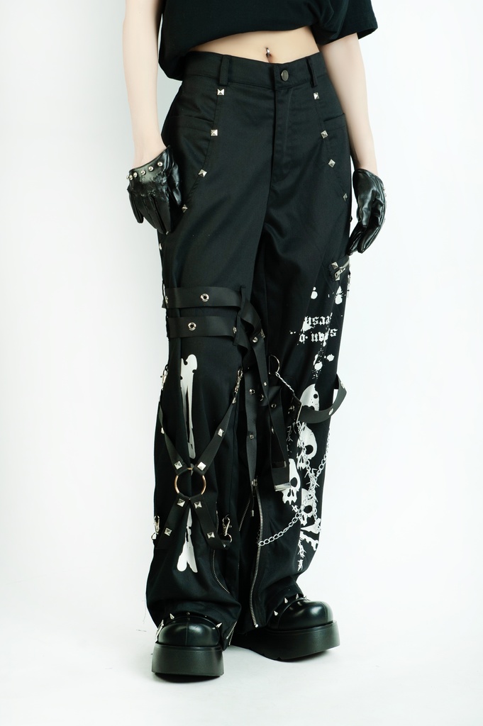 Jillpunkパンク 骨塚 ダーク系 エモパンク バンギャ タータンチェック ハーネスストラップ 鎖チェーン付き ボンデージ・ボンデッジパンツ ロング丈 オリジナルスタイル メンズお兄系 レディーズ V系 おしゃれ男女兼用カッコいい
