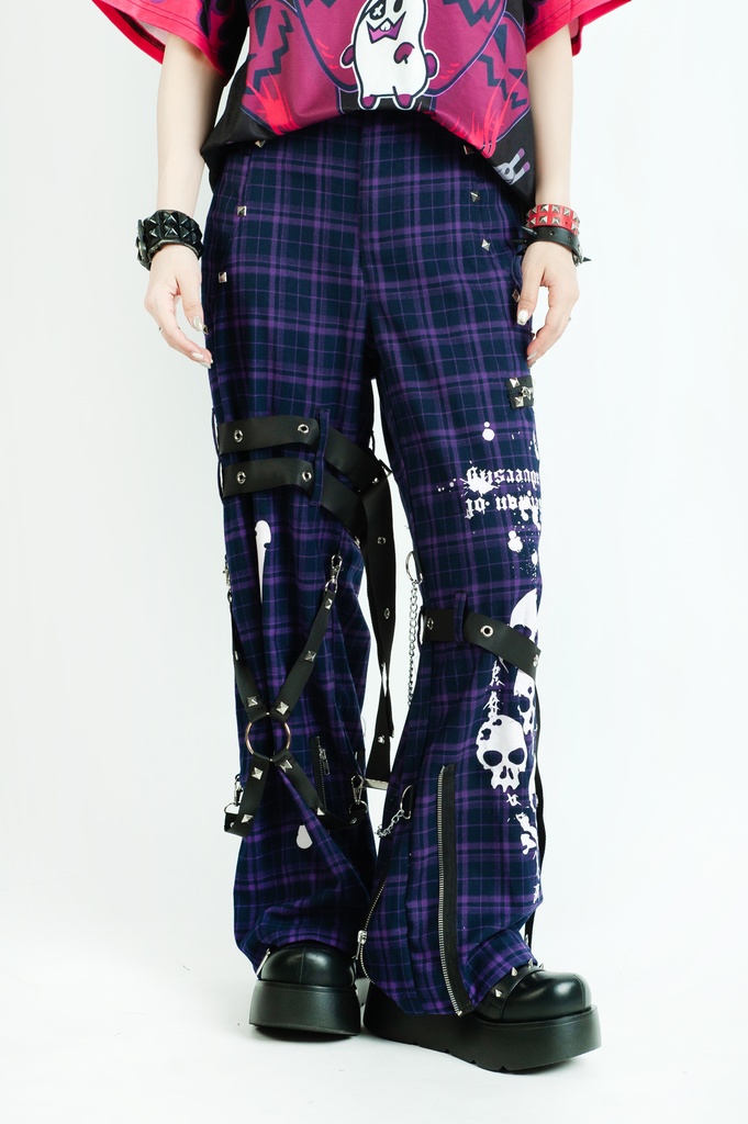 Jillpunkパンク 骨塚 ダーク系 エモパンク バンギャ タータンチェック ハーネスストラップ 鎖チェーン付き ボンデージ・ボンデッジパンツ ロング丈 オリジナルスタイル メンズお兄系 レディーズ V系 おしゃれ男女兼用カッコいい