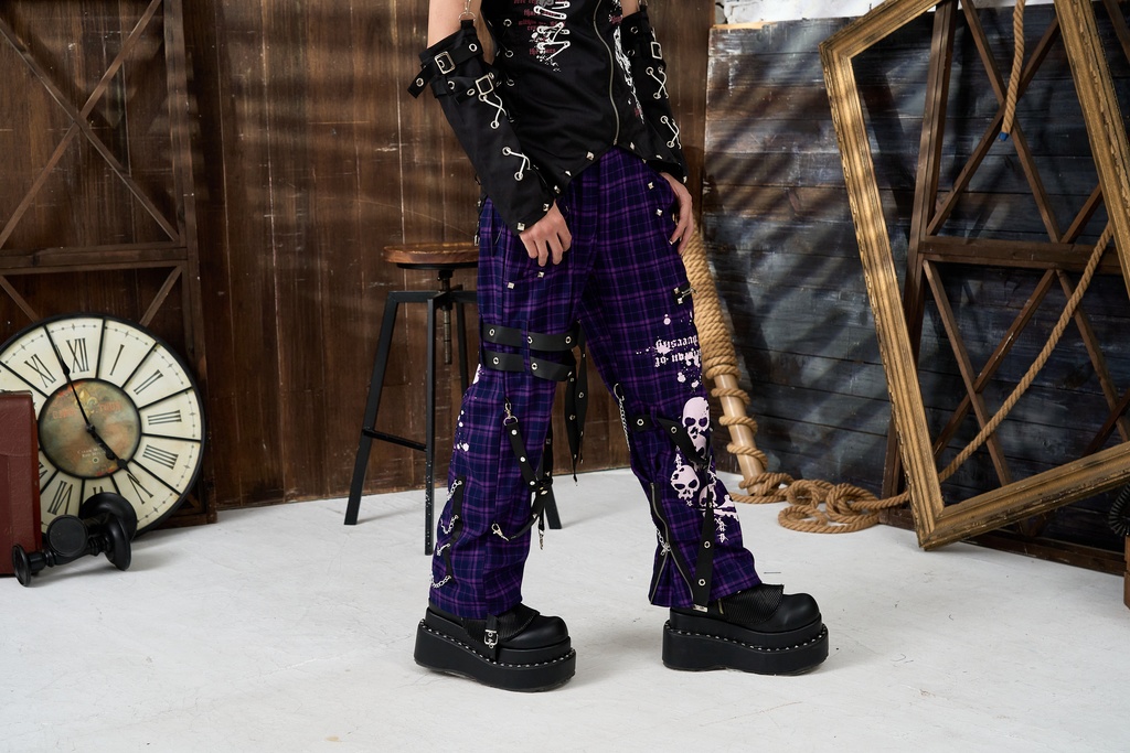 Jillpunkパンク 骨塚 ダーク系 エモパンク バンギャ タータンチェック ハーネスストラップ 鎖チェーン付き ボンデージ・ボンデッジパンツ ロング丈 オリジナルスタイル メンズお兄系 レディーズ V系 おしゃれ男女兼用カッコいい