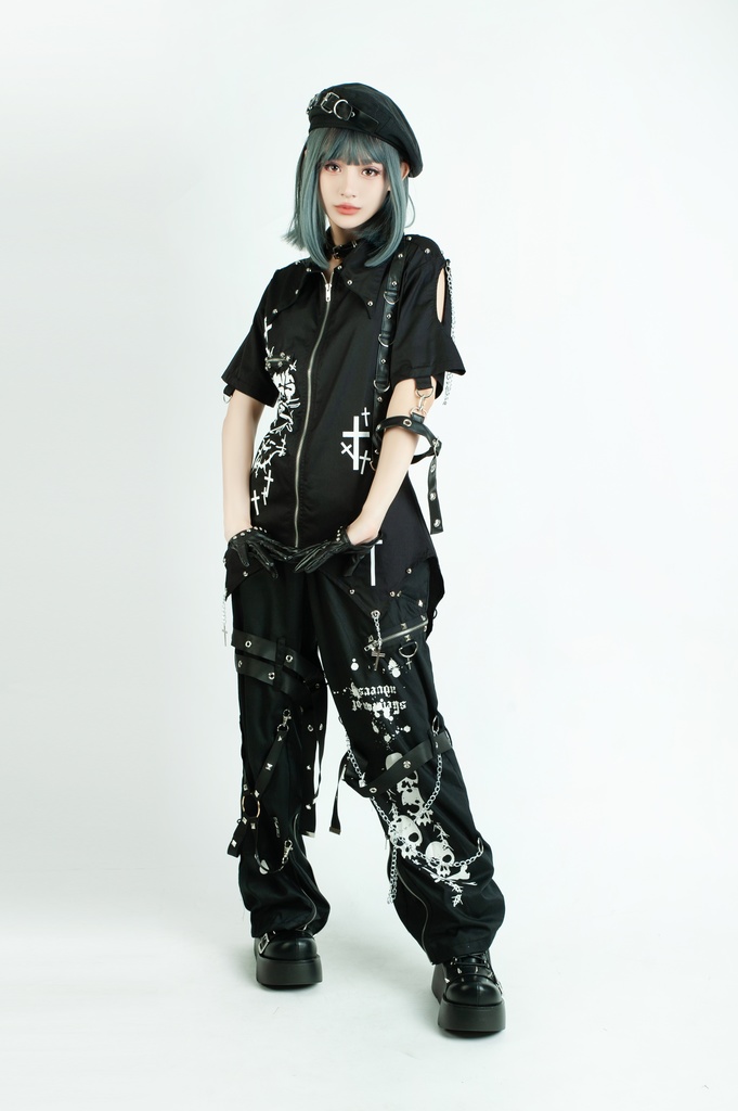 Jillpunkパンク 骨塚 ダーク系 エモパンク バンギャ タータンチェック ハーネスストラップ 鎖チェーン付き ボンデージ・ボンデッジパンツ ロング丈 オリジナルスタイル メンズお兄系 レディーズ V系 おしゃれ男女兼用カッコいい