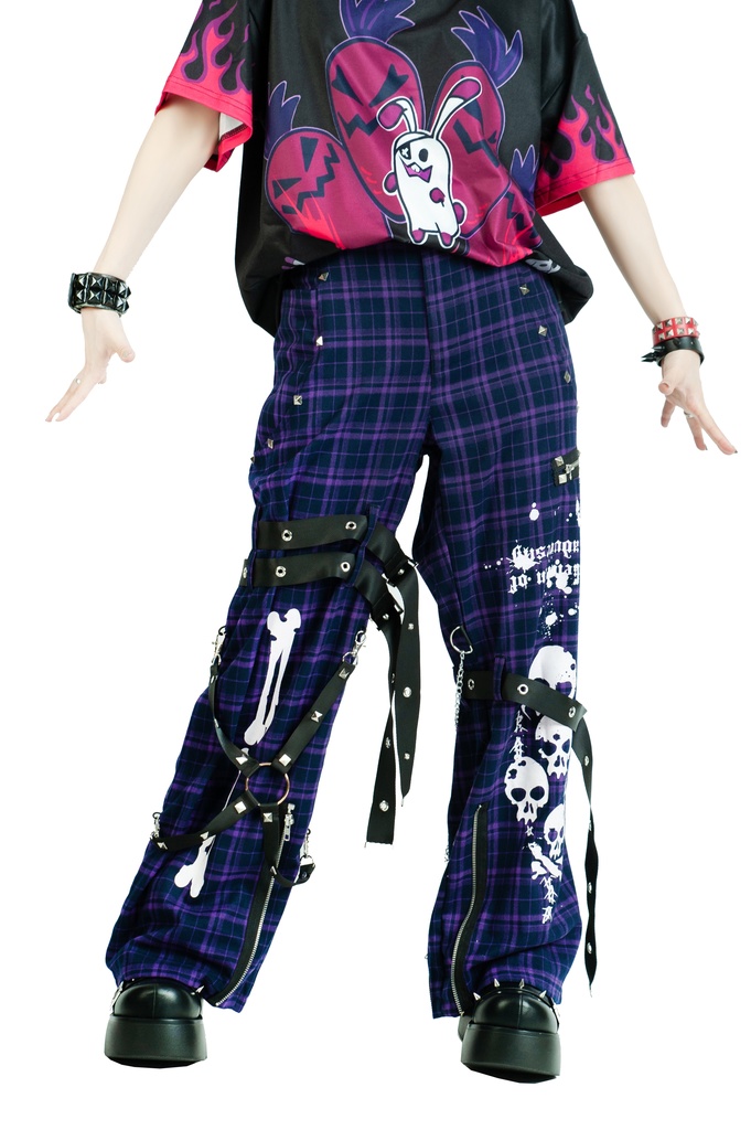 Jillpunkパンク 骨塚 ダーク系 エモパンク バンギャ タータンチェック ハーネスストラップ 鎖チェーン付き ボンデージ・ボンデッジパンツ ロング丈 オリジナルスタイル メンズお兄系 レディーズ V系 おしゃれ男女兼用カッコいい