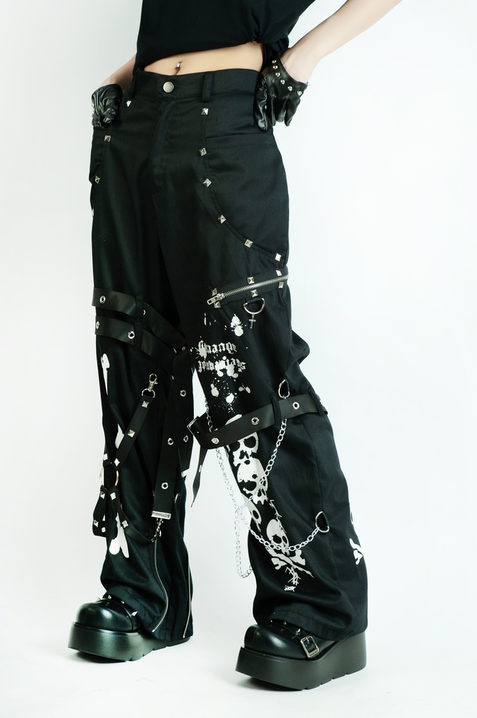 Jillpunkパンク 骨塚 ダーク系 エモパンク バンギャ タータンチェック ハーネスストラップ 鎖チェーン付き ボンデージ・ボンデッジパンツ ロング丈 オリジナルスタイル メンズお兄系 レディーズ V系 おしゃれ男女兼用カッコいい