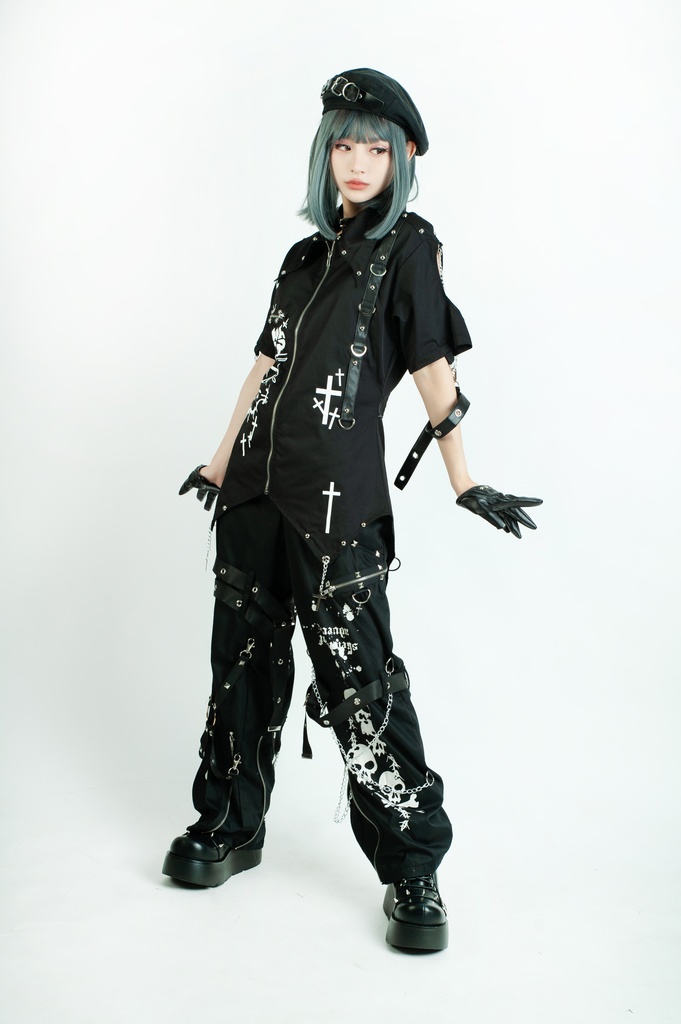 Jillpunkパンク 骨塚 ダーク系 エモパンク バンギャ タータンチェック ハーネスストラップ 鎖チェーン付き ボンデージ・ボンデッジパンツ ロング丈 オリジナルスタイル メンズお兄系 レディーズ V系 おしゃれ男女兼用カッコいい