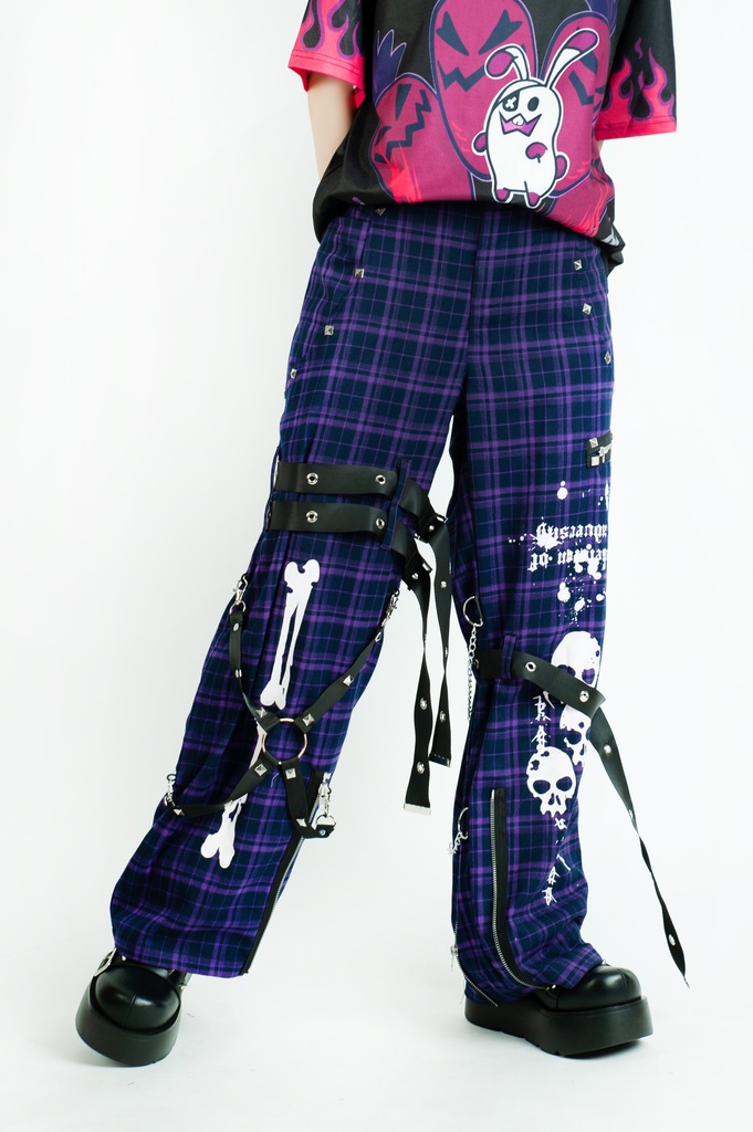 Jillpunkパンク 骨塚 ダーク系 エモパンク バンギャ タータンチェック ハーネスストラップ 鎖チェーン付き ボンデージ・ボンデッジパンツ ロング丈 オリジナルスタイル メンズお兄系 レディーズ V系 おしゃれ男女兼用カッコいい