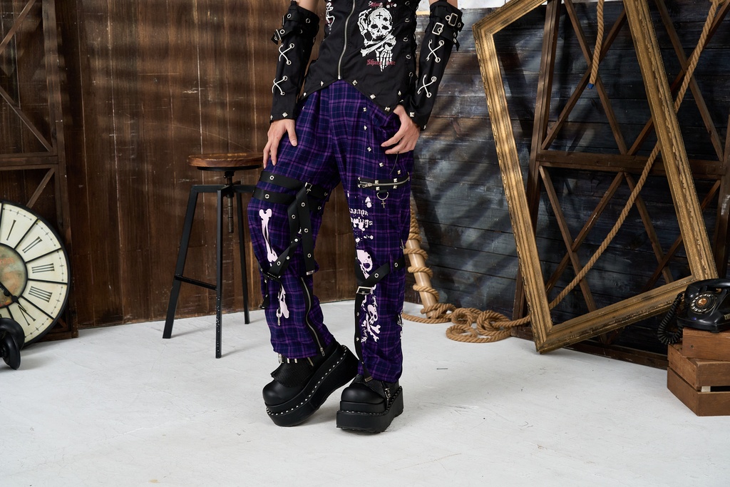 Jillpunkパンク 骨塚 ダーク系 エモパンク バンギャ タータンチェック ハーネスストラップ 鎖チェーン付き ボンデージ・ボンデッジパンツ ロング丈 オリジナルスタイル メンズお兄系 レディーズ V系 おしゃれ男女兼用カッコいい