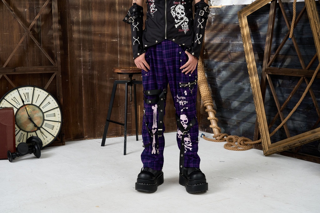 Jillpunkパンク 骨塚 ダーク系 エモパンク バンギャ タータンチェック ハーネスストラップ 鎖チェーン付き ボンデージ・ボンデッジパンツ ロング丈 オリジナルスタイル メンズお兄系 レディーズ V系 おしゃれ男女兼用カッコいい