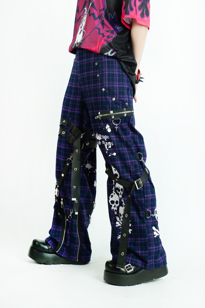 Jillpunkパンク 骨塚 ダーク系 エモパンク バンギャ タータンチェック ハーネスストラップ 鎖チェーン付き ボンデージ・ボンデッジパンツ ロング丈 オリジナルスタイル メンズお兄系 レディーズ V系 おしゃれ男女兼用カッコいい