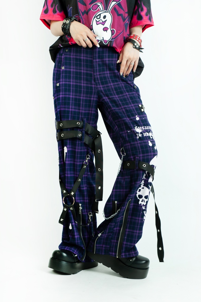 Jillpunkパンク 骨塚 ダーク系 エモパンク バンギャ タータンチェック ハーネスストラップ 鎖チェーン付き ボンデージ・ボンデッジパンツ ロング丈 オリジナルスタイル メンズお兄系 レディーズ V系 おしゃれ男女兼用カッコいい