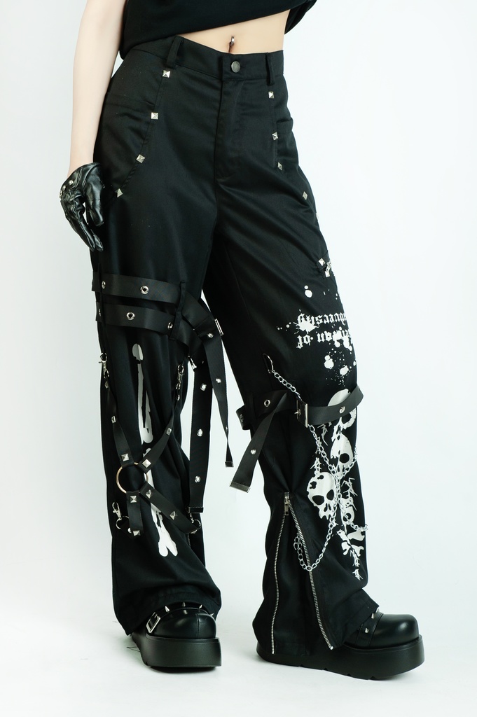 Jillpunkパンク 骨塚 ダーク系 エモパンク バンギャ タータンチェック ハーネスストラップ 鎖チェーン付き ボンデージ・ボンデッジパンツ ロング丈 オリジナルスタイル メンズお兄系 レディーズ V系 おしゃれ男女兼用カッコいい