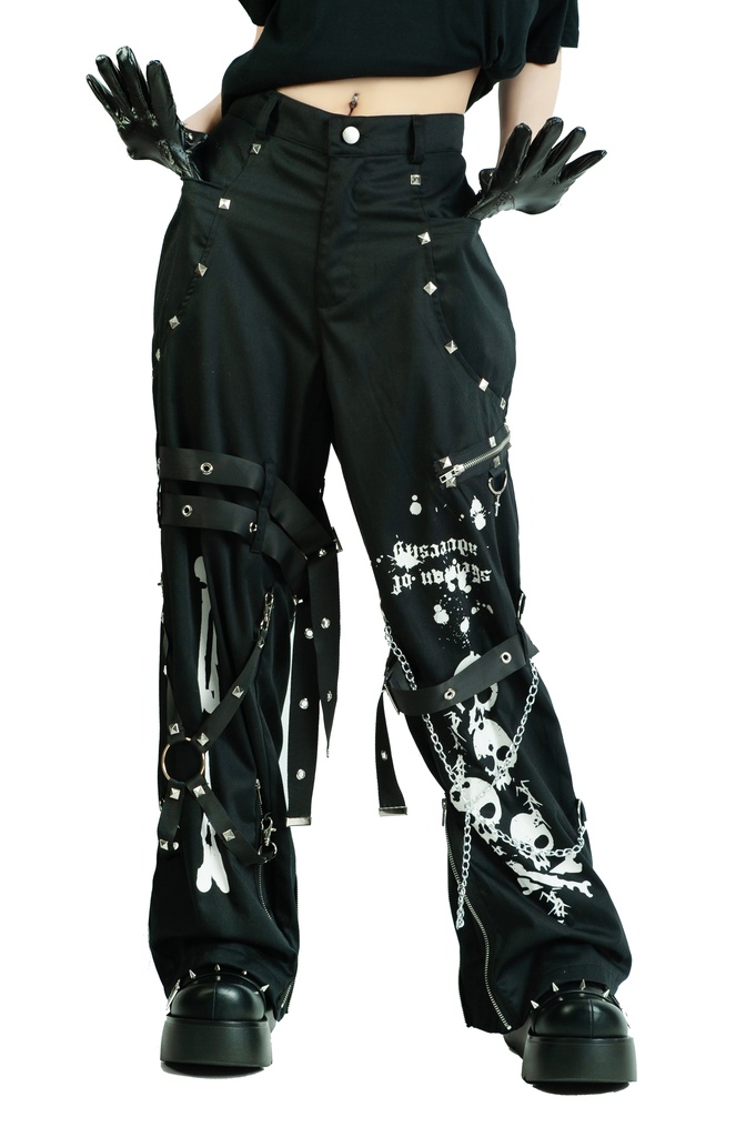 Jillpunkパンク 骨塚 ダーク系 エモパンク バンギャ タータンチェック ハーネスストラップ 鎖チェーン付き ボンデージ・ボンデッジパンツ ロング丈 オリジナルスタイル メンズお兄系 レディーズ V系 おしゃれ男女兼用カッコいい