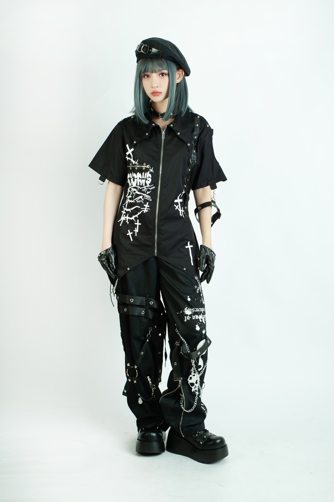 Jillpunkパンク 骨塚 ダーク系 エモパンク バンギャ タータンチェック ハーネスストラップ 鎖チェーン付き ボンデージ・ボンデッジパンツ ロング丈 オリジナルスタイル メンズお兄系 レディーズ V系 おしゃれ男女兼用カッコいい