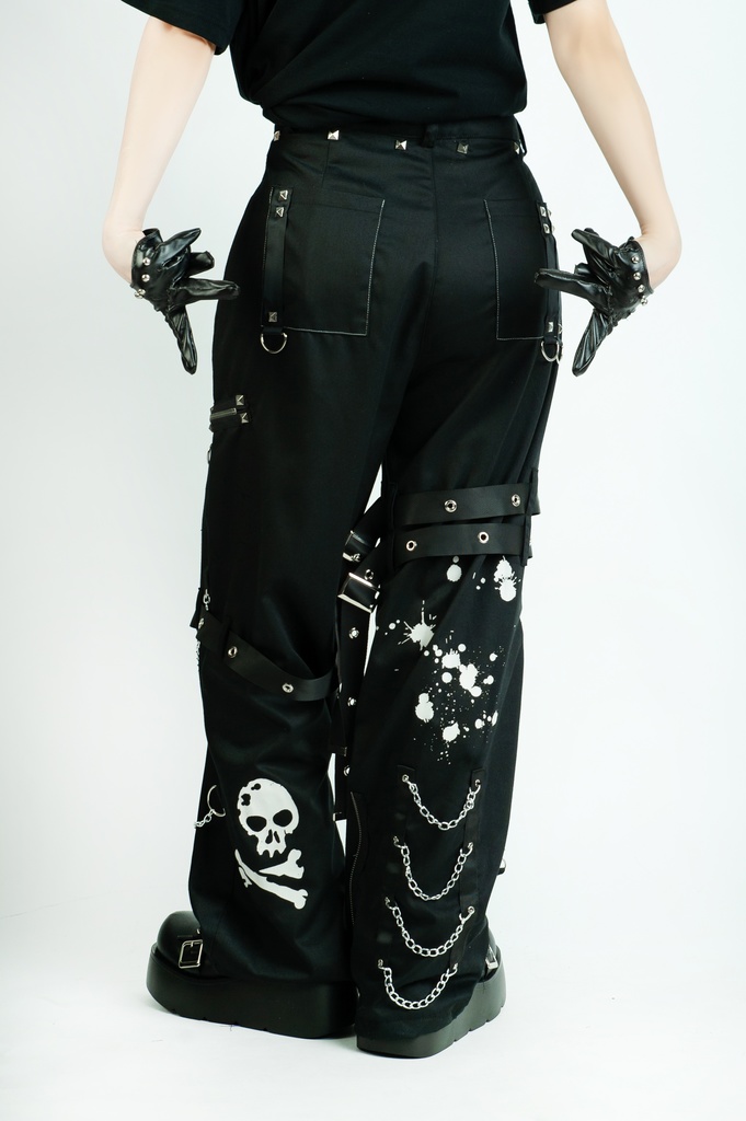 Jillpunkパンク 骨塚 ダーク系 エモパンク バンギャ タータンチェック ハーネスストラップ 鎖チェーン付き ボンデージ・ボンデッジパンツ ロング丈 オリジナルスタイル メンズお兄系 レディーズ V系 おしゃれ男女兼用カッコいい