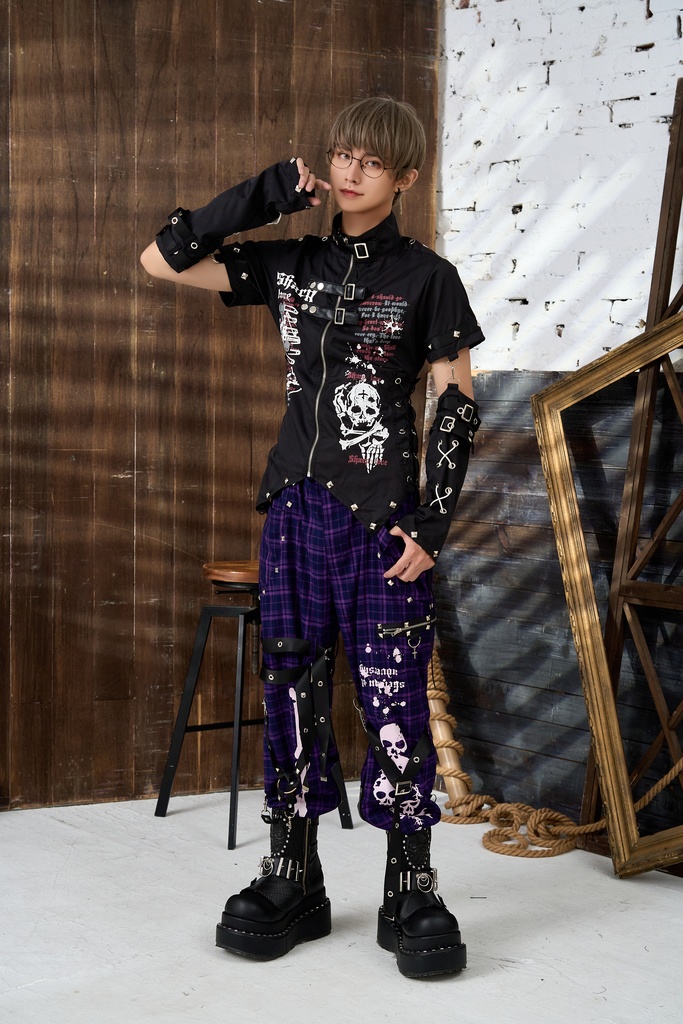 Jillpunkパンク 骨塚 ダーク系 エモパンク バンギャ タータンチェック ハーネスストラップ 鎖チェーン付き ボンデージ・ボンデッジパンツ ロング丈 オリジナルスタイル メンズお兄系 レディーズ V系 おしゃれ男女兼用カッコいい