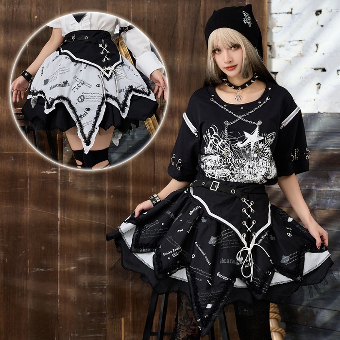 Jillpunkパンク 暗夜侵攻 ダーク系 エモパンク バンギャ ベルト付き パニエ アシンメトリー ティアード 3層ボリューム レース糸 ショートスカート オリジナルスタイル レディーズ V系 おしゃれ カッコいい