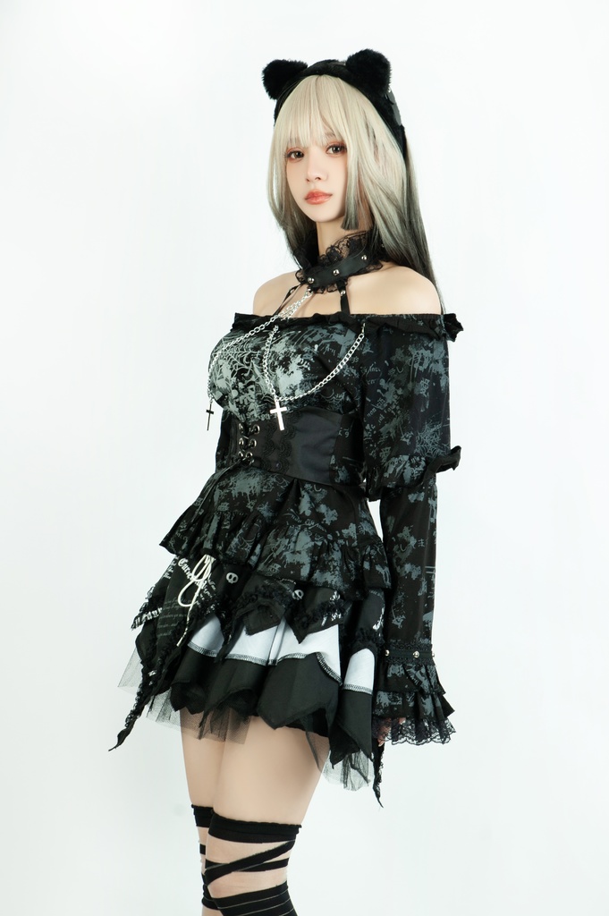 Jillpunk 薔薇の恋人 ゴシックロリータ ヴィクトリアン 華麗 チョーカーネック 帯付き レースヘム フリル半袖カットソー アームカバー*Tシャツセット オリジナル ファッション レディース おしゃれ カッコいい