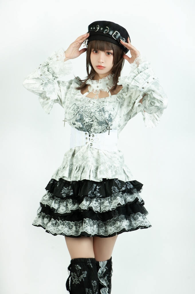 Jillpunk 薔薇の恋人 ゴシックロリータ ヴィクトリアン 華麗 チョーカーネック 帯付き レースヘム フリル半袖カットソー アームカバー*Tシャツセット オリジナル ファッション レディース おしゃれ カッコいい