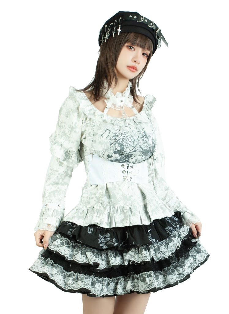 Jillpunk 薔薇の恋人 ゴシックロリータ ヴィクトリアン 華麗 チョーカーネック 帯付き レースヘム フリル半袖カットソー アームカバー*Tシャツセット オリジナル ファッション レディース おしゃれ カッコいい