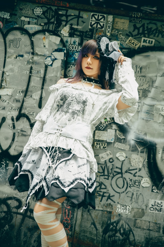 Jillpunk 薔薇の恋人 ゴシックロリータ ヴィクトリアン 華麗 チョーカーネック 帯付き レースヘム フリル半袖カットソー アームカバー*Tシャツセット オリジナル ファッション レディース おしゃれ カッコいい