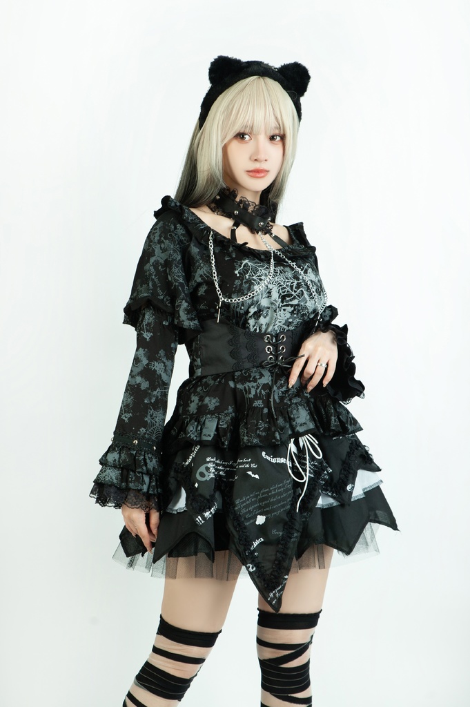 Jillpunk 薔薇の恋人 ゴシックロリータ ヴィクトリアン 華麗 チョーカーネック 帯付き レースヘム フリル半袖カットソー アームカバー*Tシャツセット オリジナル ファッション レディース おしゃれ カッコいい