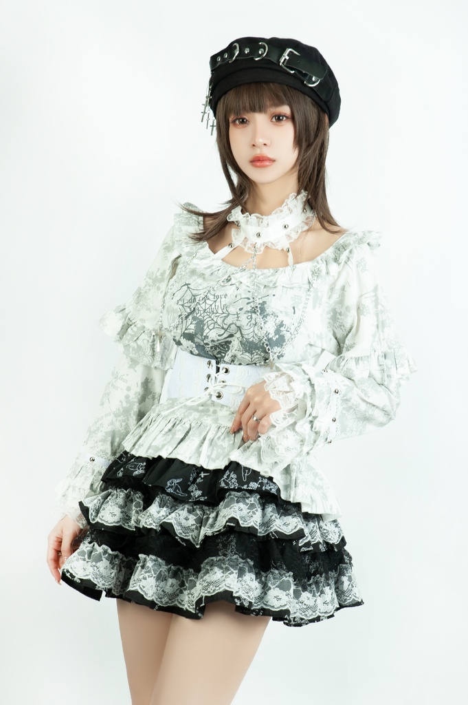 Jillpunk 薔薇の恋人 ゴシックロリータ ヴィクトリアン 華麗 チョーカーネック 帯付き レースヘム フリル半袖カットソー アームカバー*Tシャツセット オリジナル ファッション レディース おしゃれ カッコいい