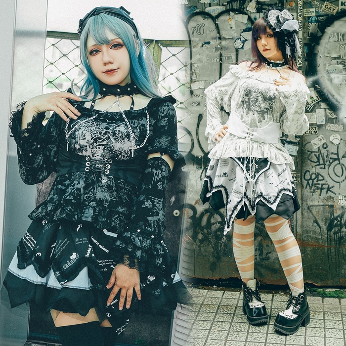 Jillpunk 薔薇の恋人 ゴシックロリータ ヴィクトリアン 華麗 チョーカーネック 帯付き レースヘム フリル半袖カットソー アームカバー*Tシャツセット オリジナル ファッション レディース おしゃれ カッコいい