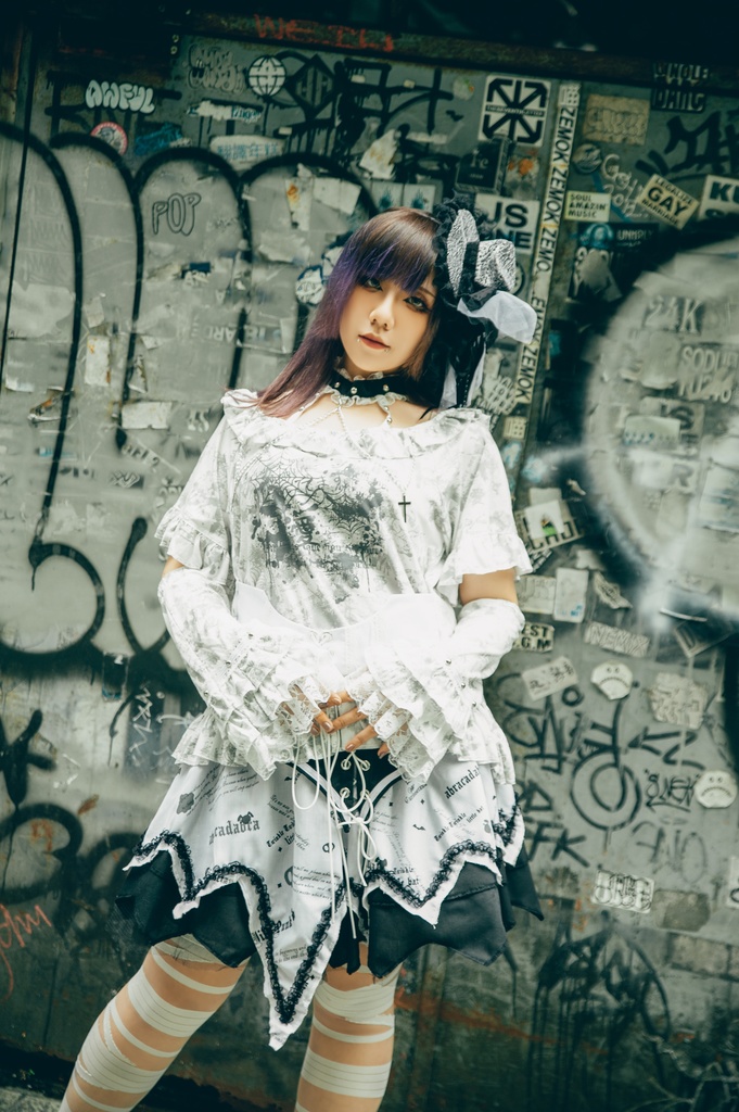 Jillpunk 薔薇の恋人 ゴシックロリータ ヴィクトリアン 華麗 チョーカーネック 帯付き レースヘム フリル半袖カットソー アームカバー*Tシャツセット オリジナル ファッション レディース おしゃれ カッコいい