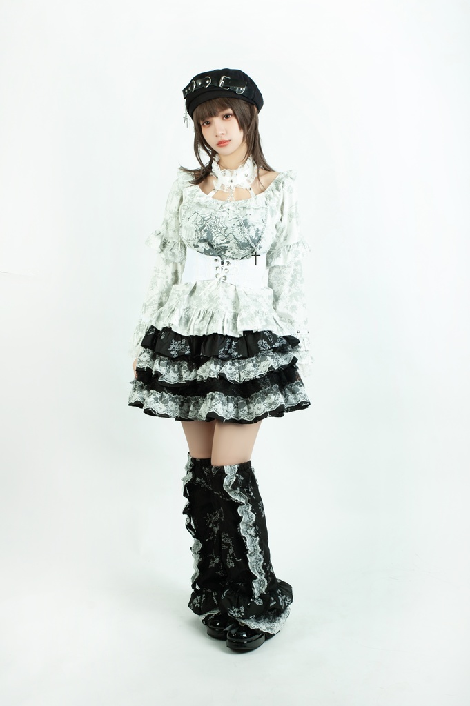 Jillpunk 薔薇の恋人 ゴシックロリータ ヴィクトリアン 華麗 チョーカーネック 帯付き レースヘム フリル半袖カットソー アームカバー*Tシャツセット オリジナル ファッション レディース おしゃれ カッコいい