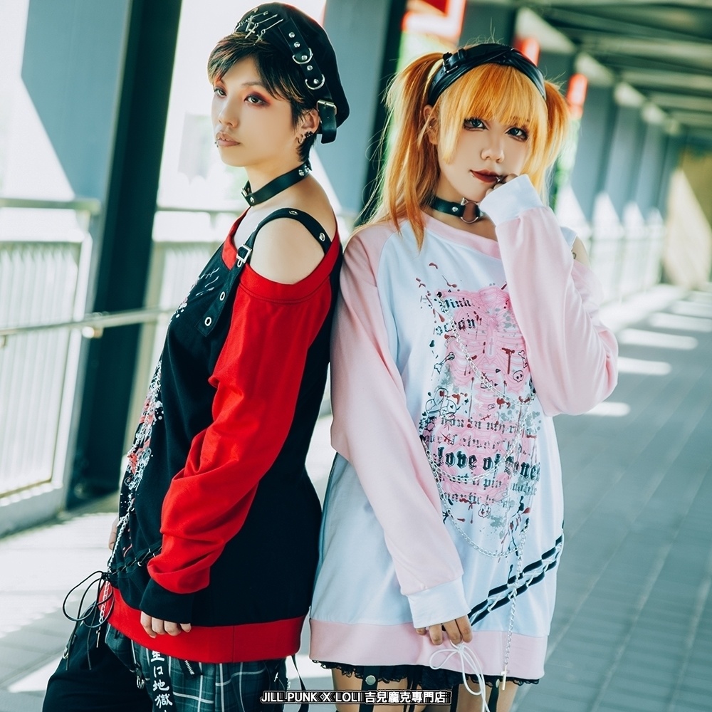 Jillpunk 王道パンク V系 壊れた模型 肋骨プリント ワンショルダー 肩出し レースアップ 鎖チェーン付き ゆったり 長袖Tシャツ カットソー オリジナル パンク メンズ レディーズ おしゃれ男女兼用ファッション カッコいい