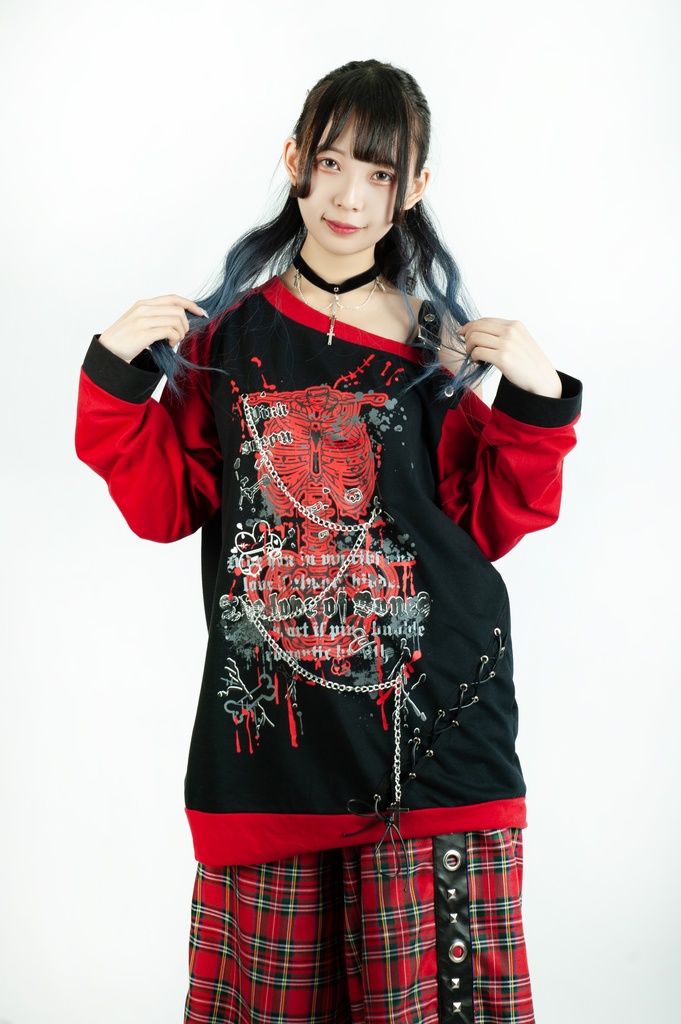 Jillpunk 王道パンク V系 壊れた模型 肋骨プリント ワンショルダー 肩出し レースアップ 鎖チェーン付き ゆったり 長袖Tシャツ カットソー オリジナル パンク メンズ レディーズ おしゃれ男女兼用ファッション カッコいい