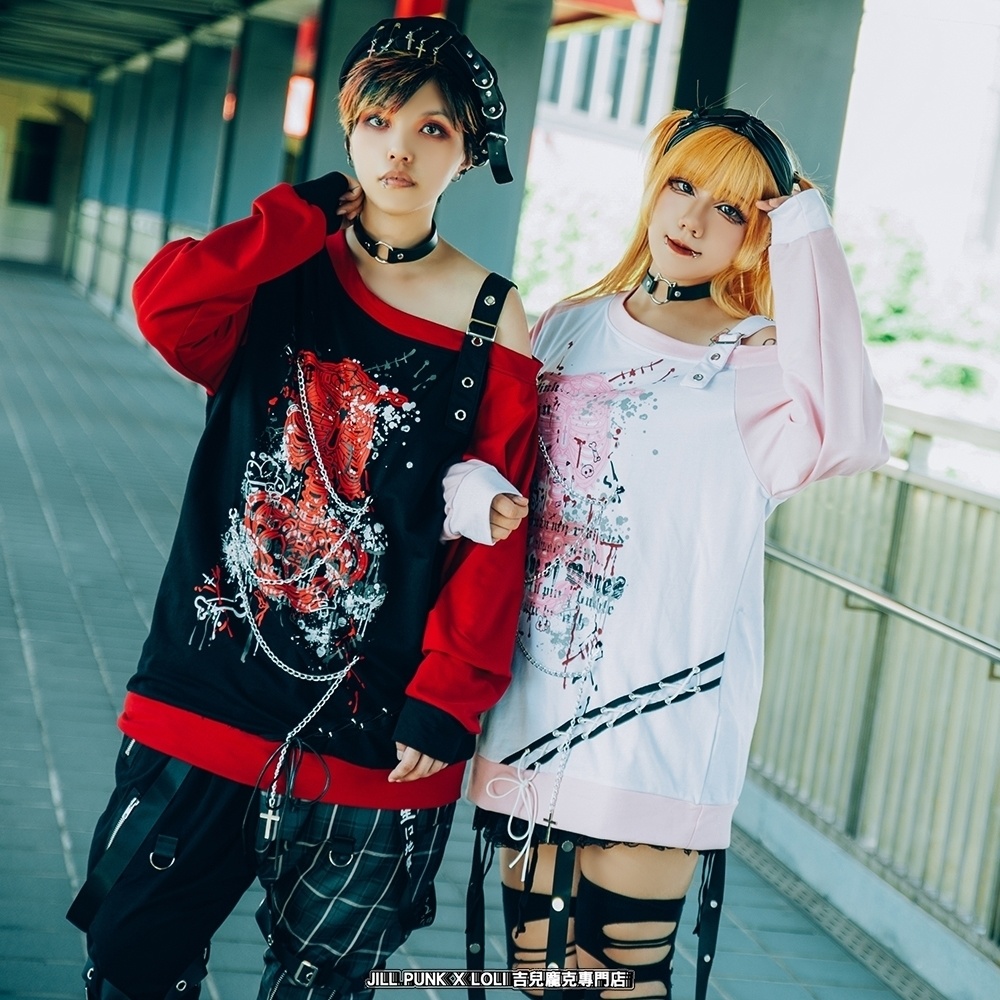 Jillpunk 王道パンク V系 壊れた模型 肋骨プリント ワンショルダー 肩出し レースアップ 鎖チェーン付き ゆったり 長袖Tシャツ カットソー オリジナル パンク メンズ レディーズ おしゃれ男女兼用ファッション カッコいい
