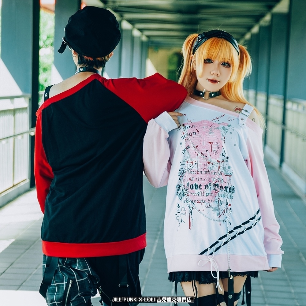 Jillpunk 王道パンク V系 壊れた模型 肋骨プリント ワンショルダー 肩出し レースアップ 鎖チェーン付き ゆったり 長袖Tシャツ カットソー オリジナル パンク メンズ レディーズ おしゃれ男女兼用ファッション カッコいい