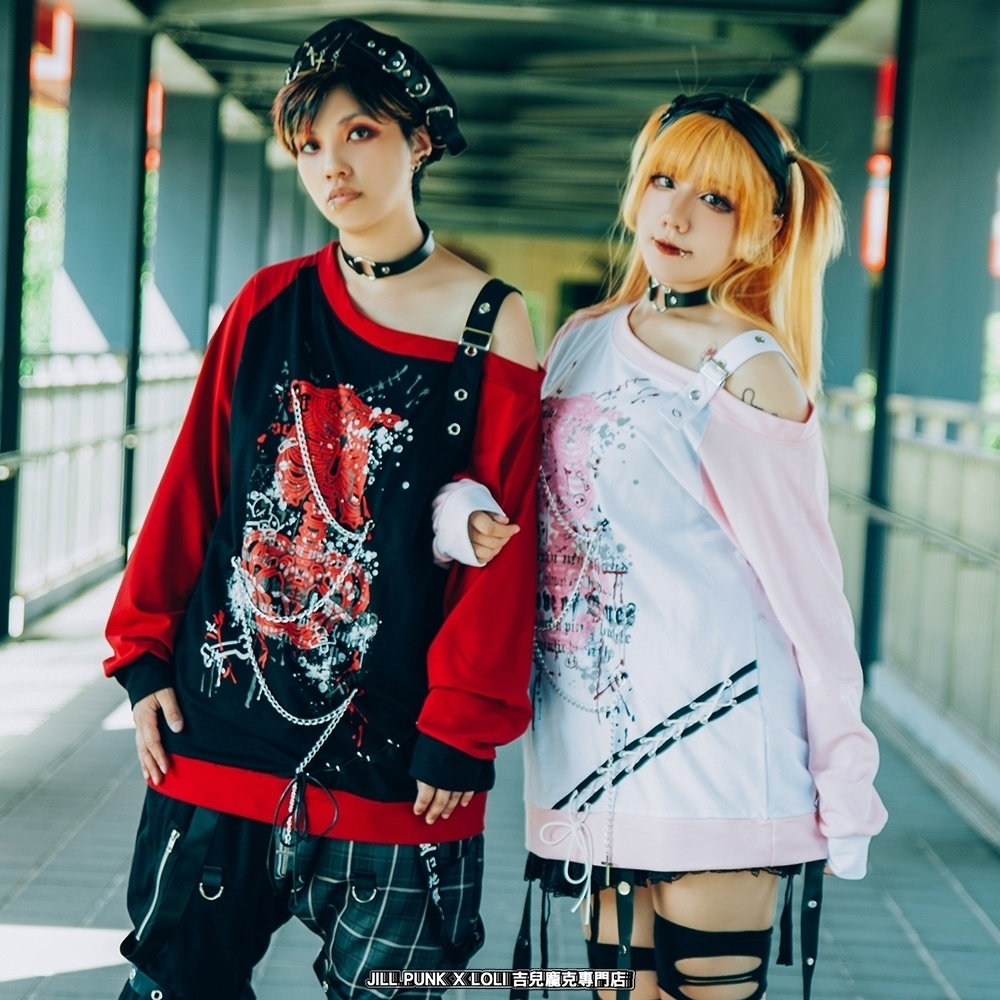 Jillpunk 王道パンク V系 壊れた模型 肋骨プリント ワンショルダー 肩出し レースアップ 鎖チェーン付き ゆったり 長袖Tシャツ カットソー オリジナル パンク メンズ レディーズ おしゃれ男女兼用ファッション カッコいい