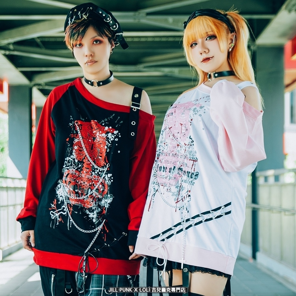 Jillpunk 王道パンク V系 壊れた模型 肋骨プリント ワンショルダー 肩出し レースアップ 鎖チェーン付き ゆったり 長袖Tシャツ カットソー オリジナル パンク メンズ レディーズ おしゃれ男女兼用ファッション カッコいい