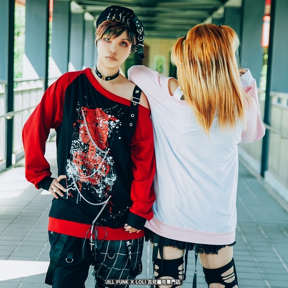 Jillpunk 王道パンク V系 壊れた模型 肋骨プリント ワンショルダー 肩出し レースアップ 鎖チェーン付き ゆったり 長袖Tシャツ カットソー オリジナル パンク メンズ レディーズ おしゃれ男女兼用ファッション カッコいい