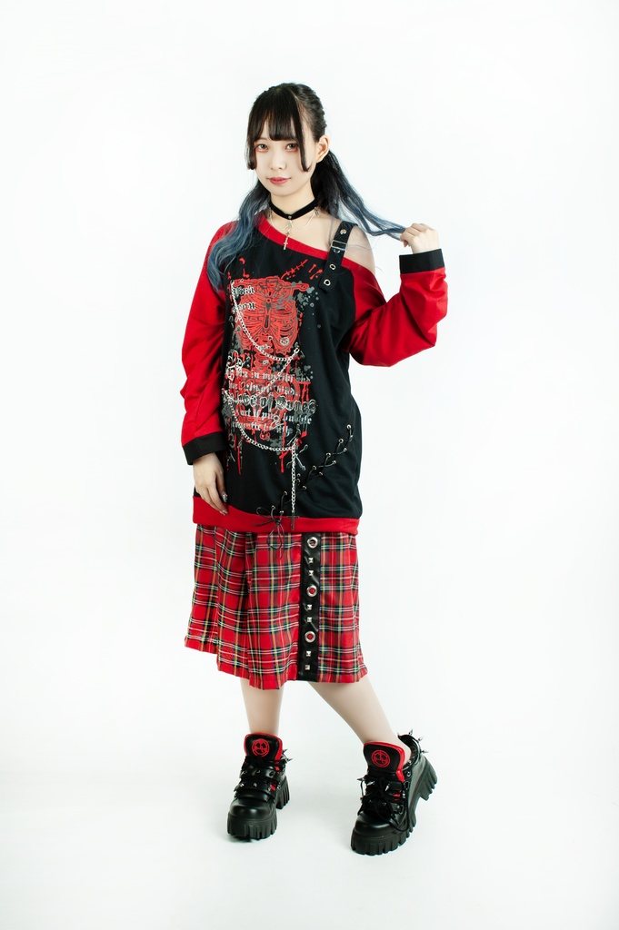 Jillpunk 王道パンク V系 壊れた模型 肋骨プリント ワンショルダー 肩出し レースアップ 鎖チェーン付き ゆったり 長袖Tシャツ カットソー オリジナル パンク メンズ レディーズ おしゃれ男女兼用ファッション カッコいい