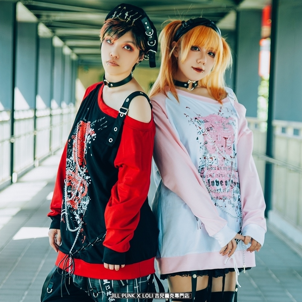 Jillpunk 王道パンク V系 壊れた模型 肋骨プリント ワンショルダー 肩出し レースアップ 鎖チェーン付き ゆったり 長袖Tシャツ カットソー オリジナル パンク メンズ レディーズ おしゃれ男女兼用ファッション カッコいい
