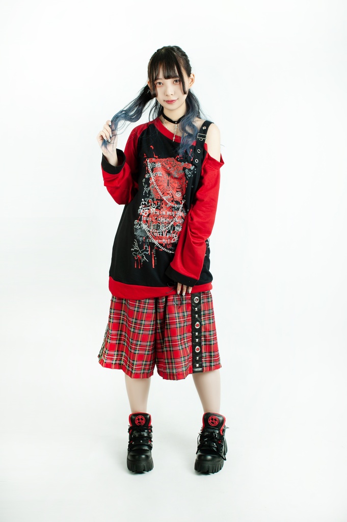 Jillpunk 王道パンク V系 壊れた模型 肋骨プリント ワンショルダー 肩出し レースアップ 鎖チェーン付き ゆったり 長袖Tシャツ カットソー オリジナル パンク メンズ レディーズ おしゃれ男女兼用ファッション カッコいい