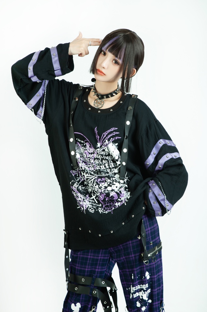 Jillpunk ボンデッジ風 王道パンク V系 デビル樣本 ドクロプリント スダッズハーネスベルト 鎖チェーン付き ゆったり 拘束服 長袖Tシャツ カットソー オリジナル パンク メンズ レディーズ おしゃれ男女兼用ファッション カッコいい